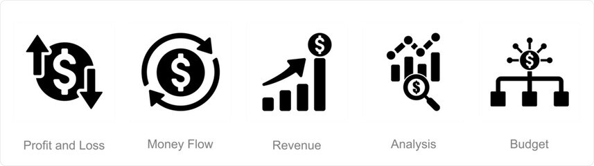 A set of 5 accounting icons as profit and loss, money flow, revenue