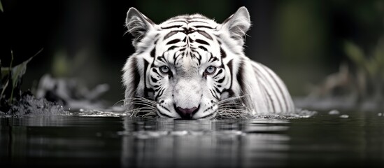 Monochromatic image of a white tiger in aquatic surroundings. - obrazy, fototapety, plakaty