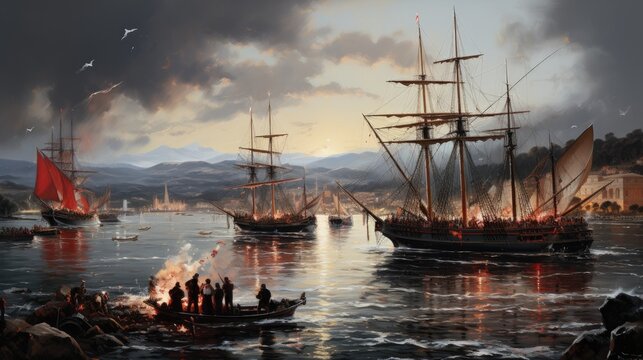 a painting showing boats at sea near fire, in the style of cinematic sets, etam cru