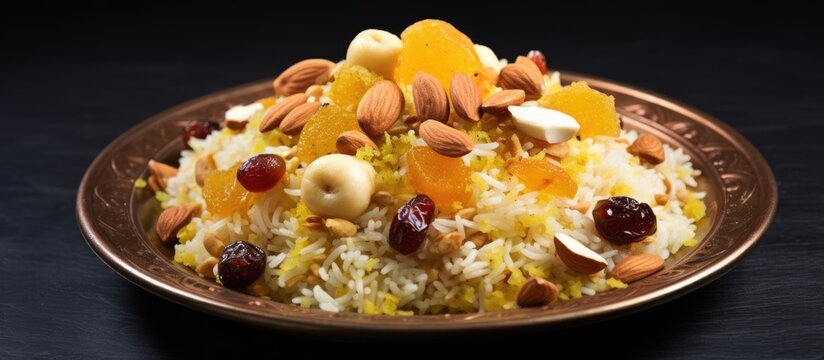 Sweet modur pulao from Kashmir made with rice, sugar, saffron, and dry fruits.