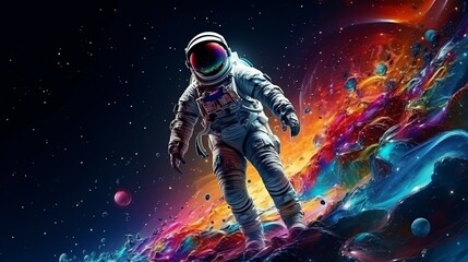 Exploring the Cosmos: Astronaut Walking on Vibrant Lunar Surface with Space Backdrop, Futuristic Concept