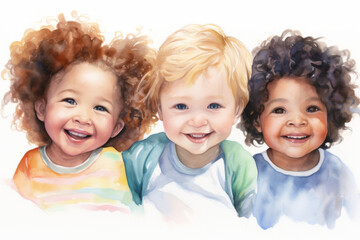 Group, diverse toddlers and watercolour portrait illustration on a white background for daycare, education and autism awareness. Happy, beautiful and colourful sketch for creative poster art design - obrazy, fototapety, plakaty
