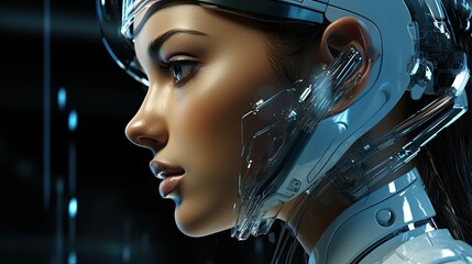 an illustration of a woman with a futuristic and robotic appearance, in the style of soft-focused realism