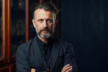 arms folded man middleaged Serious senior 50s crossed style success adult age aged background beard black business businessman casual attire caucasian cheerful confident elderly elegant fashion