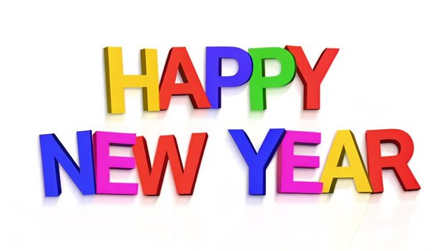 Cinemagraph of happy new year text in colourful letters moving on white background