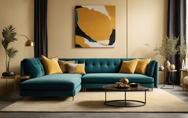 The loft home's modern living room features a unique interior design with a dark turquoise tufted sofa against a beige stucco wall. Vibrant yellow pillows add a pop of color