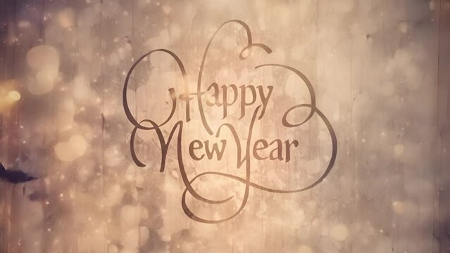 Cinemagraph of happy new year text in decorative font over moving glowing golden light spots