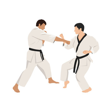 Fighting of two fighters in karate martial arts. Flat vector illustration isolated on white background