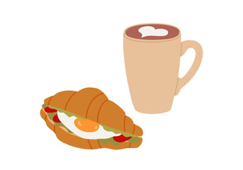 Breakfast food. Croissant with fried egg, lettuce, cherry tomatoes and coffee drink. French tasty sandwich served on plate. Flat vector illustration isolated on white background
