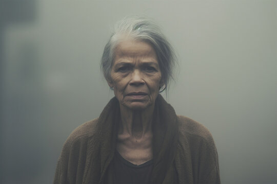 Sad and lonely elderly African American woman standing outside alone in the fog. Moody. Concept for depression and loneliness. mature woman depression sad african american senior woman lost