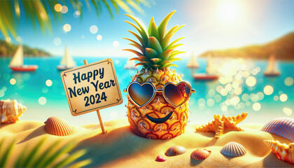 Tropical New Year Celebration, Pineapple with Sunglasses on the Beach.