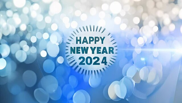 Cinemagraph of happy new year 2024 text and ring of blue splashes over white and blue light spots