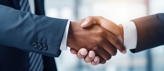 Employer hiring candidate, congratulating, welcoming, shaking hands. Client thanking expert with handshake after meeting. - obrazy, fototapety, plakaty