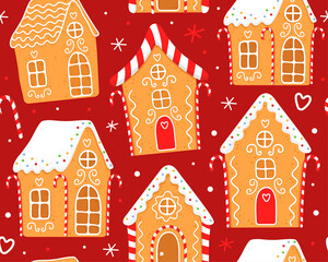 Seamless pattern with gingerbread houses on a red background. Gingerbread houses with white sugar glaze. Red white striped christmas candles. Design for wrapping paper, fabric, textile, decor.