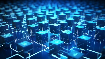 Blockchain Network: Distributed Ledger Technology with Computer Connection on Blue Background