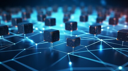 Blockchain Network: Distributed Ledger Technology with Computer Connection on Blue Background