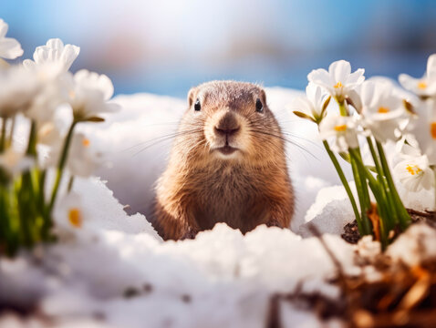 A groundhog crawled out of its hole in the snow. The first snowdrops are blooming next to the hole. Groundhog Day.