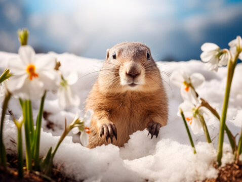 A groundhog crawled out of its hole in the snow. The first snowdrops are blooming next to the hole. Groundhog Day.