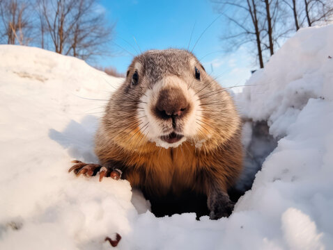 A groundhog crawled out of its hole in the snow. Groundhog Day.