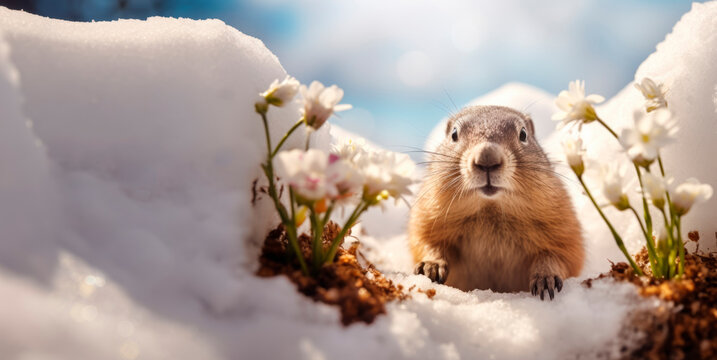 A groundhog crawled out of its hole in the snow. The first snowdrops are blooming next to the hole. Groundhog Day.