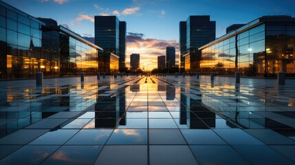 Reflective Urban Sunrise: Glass Buildings and Open Plaza"