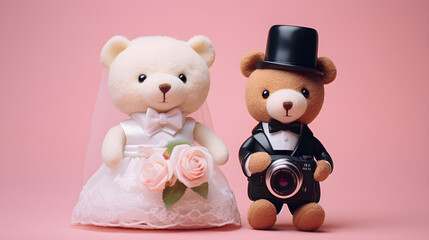 Teddy bears wearing wedding dresses stand side by side. on a pink background.