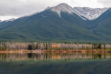 Wide panoramic view over Vermilion lakes near Banff, Canada with fall