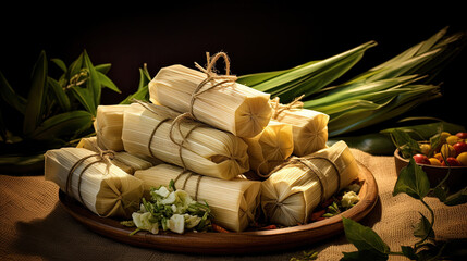 Artfully Steamed Tamales with Savory Corn Dough Enveloping Succulent Meat Fillings