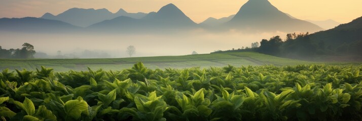 Tobacco fields with mountains in the background Thin mist at sunset