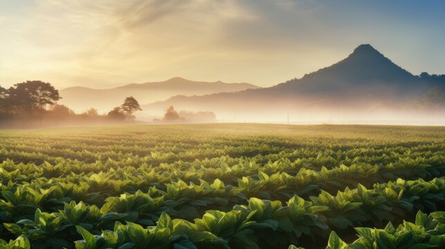 Tobacco fields with mountains in the background Thin mist at sunset