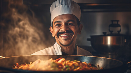 Smiling Indian chef cooking flavorful spicy dish showcasing rich diversity and aromatic allure of Indian cuisine, symphony of flavors and aromatic spices, happy joyful indian head chef cooking - obrazy, fototapety, plakaty