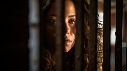 Sorrowful female inmate sad behind bars desperately asking to released from custody symbolizing quest for fairness, treacherous criminal woman in prison embodies societal threat - obrazy, fototapety, plakaty