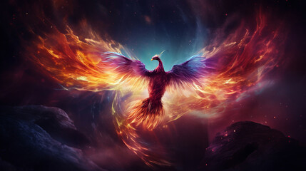 Adorable phoenix bird with majestic wings spread graces fantastical cosmic landscape signifies eternal cycle of renewal, mystical journey and symbolism of rebirth and reincarnation - obrazy, fototapety, plakaty