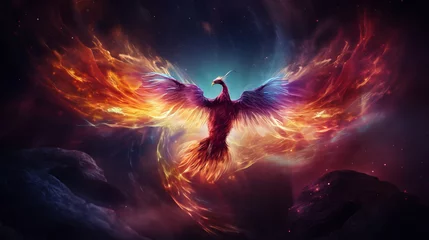Foto op Plexiglas Adorable phoenix bird with majestic wings spread graces fantastical cosmic landscape signifies eternal cycle of renewal, mystical journey and symbolism of rebirth and reincarnation © TRAVELARIUM