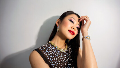 Jolie femme asiatique maquillage luxe charme fond clair - obrazy, fototapety, plakaty