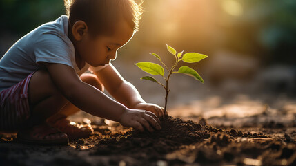 Little boy carefully plants tree sapling in ground of sunlight garden creating heartwarming scene of environmental care, embodying idea of growth and nurturing, little guardian of nature - obrazy, fototapety, plakaty