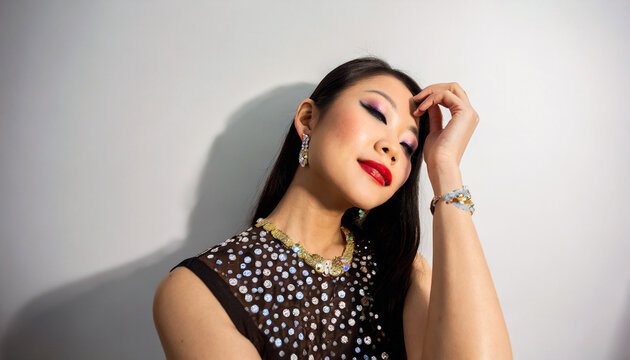 Jolie femme asiatique maquillage luxe charme fond clair