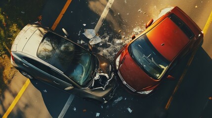 Two cars collide in an accident Top view, concept for insurance, 3D rendering - obrazy, fototapety, plakaty
