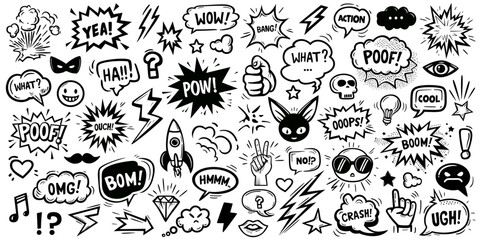 Set of hand drawn elements doodle comics isolated on white background. Speech bubbles with the words bom, boom, pow, poof, omg, crush