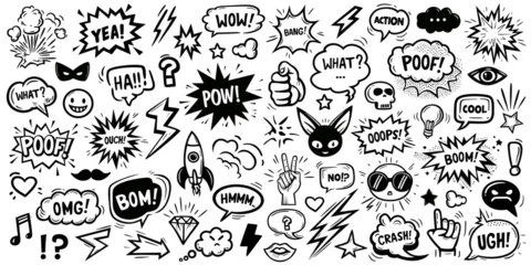 Muurstickers  Set of hand drawn elements doodle comics isolated on white background. Speech bubbles with the words bom, boom, pow, poof, omg, crush © yura batiushyn