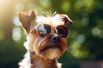 Portrait of terrier dog wearing glasses outdoors in summer