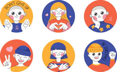 Set of cartoon stickers, avatars, icons with happy characters of cancer patients. Childhood cancer, breast cancer, character with bald head and hat. Vector illustration in trending palette