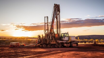 Fototapeta na wymiar Well drilling machine, drilling a well, dry ground, sunset
