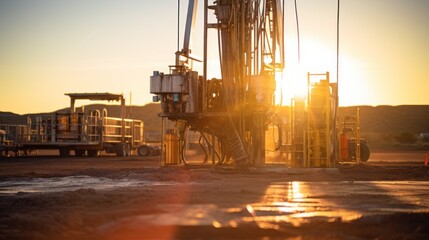 Well drilling machine, drilling a well, dry ground, sunset