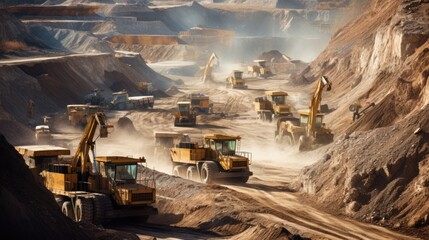 High angle view of trucks and excavators working in open pit in gold mine - obrazy, fototapety, plakaty