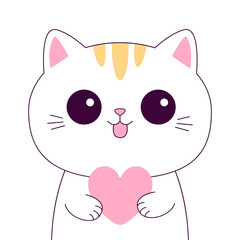 Cat holding pink heart. White kitten kitty. Happy Valentines Day. Contour line doodle. Funny head face. Cute cartoon kawaii animal character. Flat design. Love card. White background.