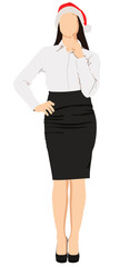 Modern caucasian business woman in christmas theme thinking pose on white studio background with copy space.