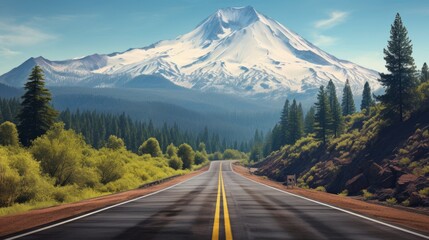 Road in forest and mountain peak n background, shasta, california, usa - obrazy, fototapety, plakaty
