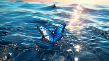 A blue butterfly on sea - obrazy, fototapety, plakaty