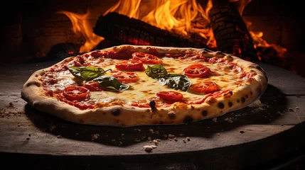 Foto op Plexiglas Traditional Pizza Delightfully Baked to Perfection in the Traditional Clay Oven © Magenta Dream